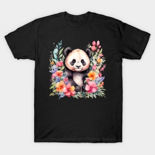 A panda bear decorated with beautiful watercolor flowers T-Shirt